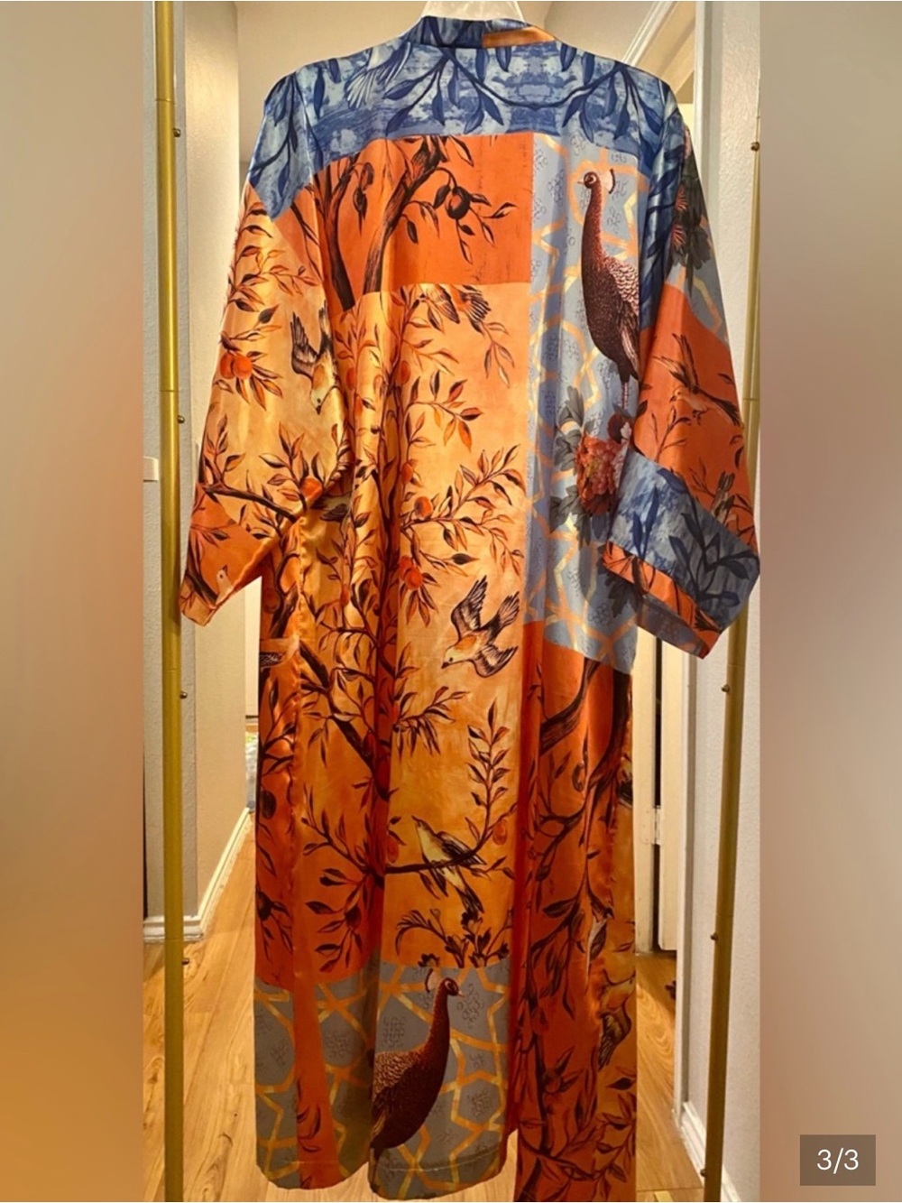 Vintage Orange and Blue Floral-Print Satin Kimono Robe - One Size - EUC!